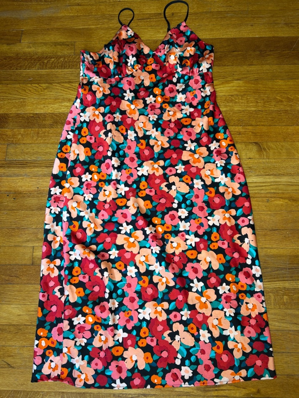 Primark Black Floral Slip Dress with Red, Pink & Green Print